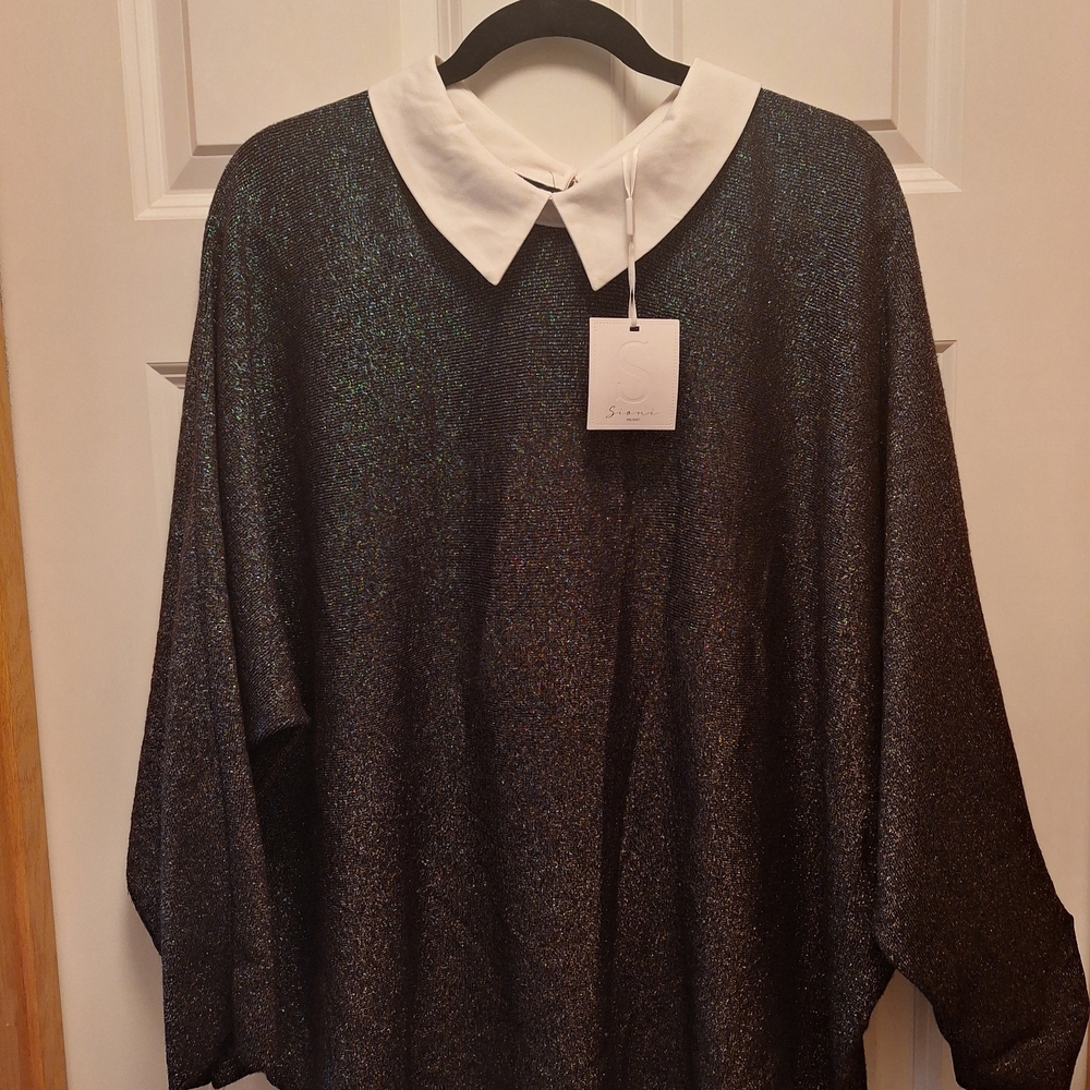 Black Shimmer Blouse with White Collar